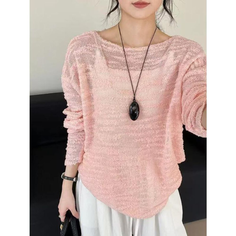 (One Size, pink) Dimanaf 2025 Spring Women Sweaters Solid Knitting Basic Fashion O-neck Style Loose Pullover Sweater