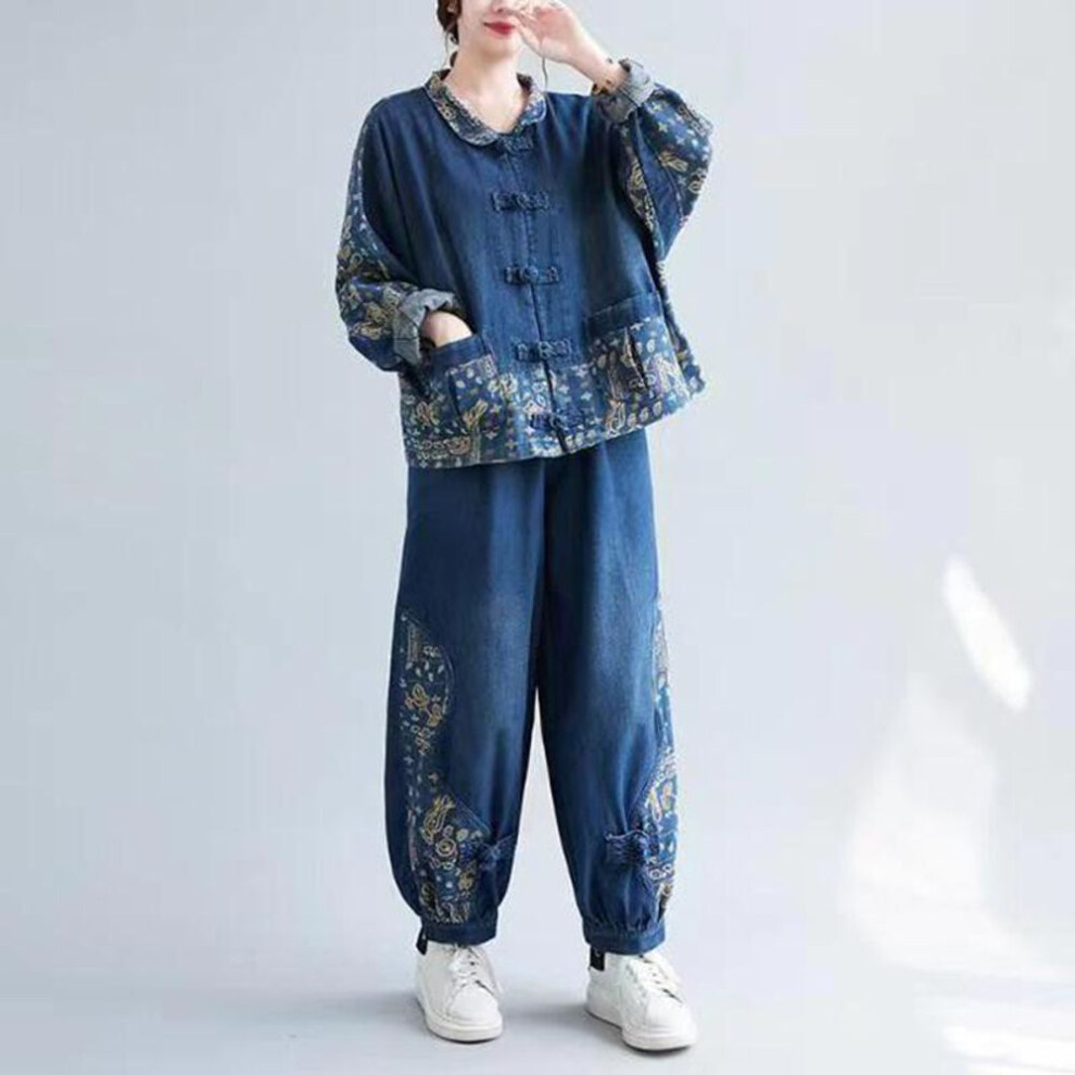 (blue, L) Denim Sets Spring Autumn Women Floral Print Denim Jacket And Jeans 2 Piece Set Vintage Large Size Elastic Waist Jeans Suits