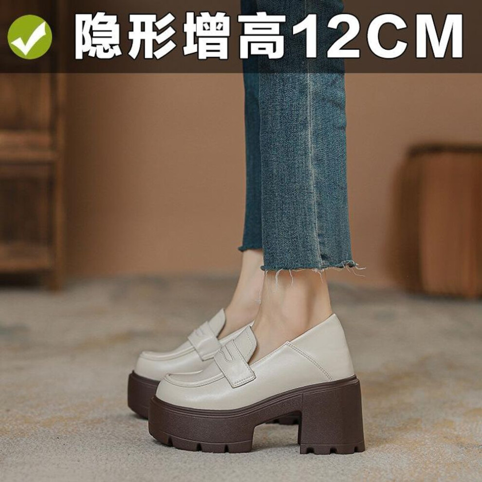 (off white, 35) 12cm Petite Height Increasing White Loafers For Women British Style Thick Soled Super High Heels Leather Shoes