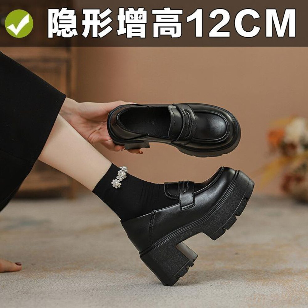 (black, 33) 12cm petite height increasing white loafers for women British style thick soled super high heels leather shoes