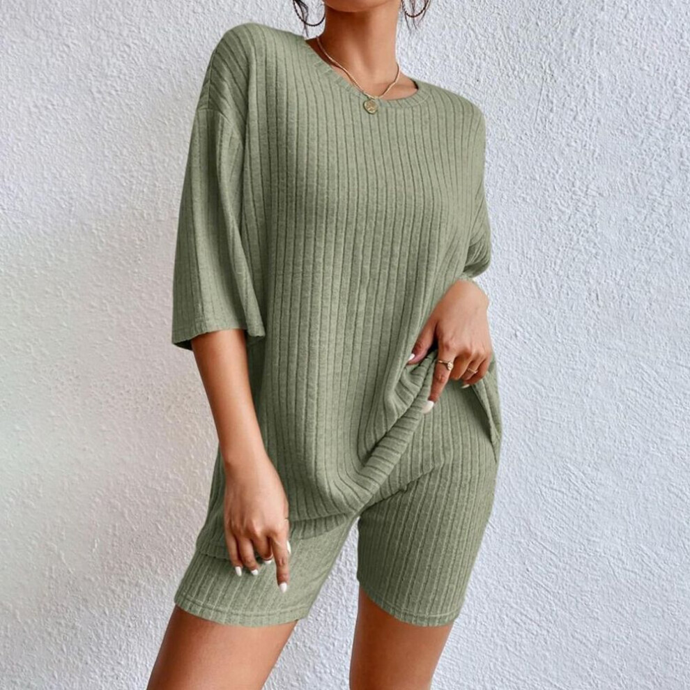 (green, M) Women's Fashion Casual Solid Color Threaded Round Neck Loose Short Sleeve Shorts Suit