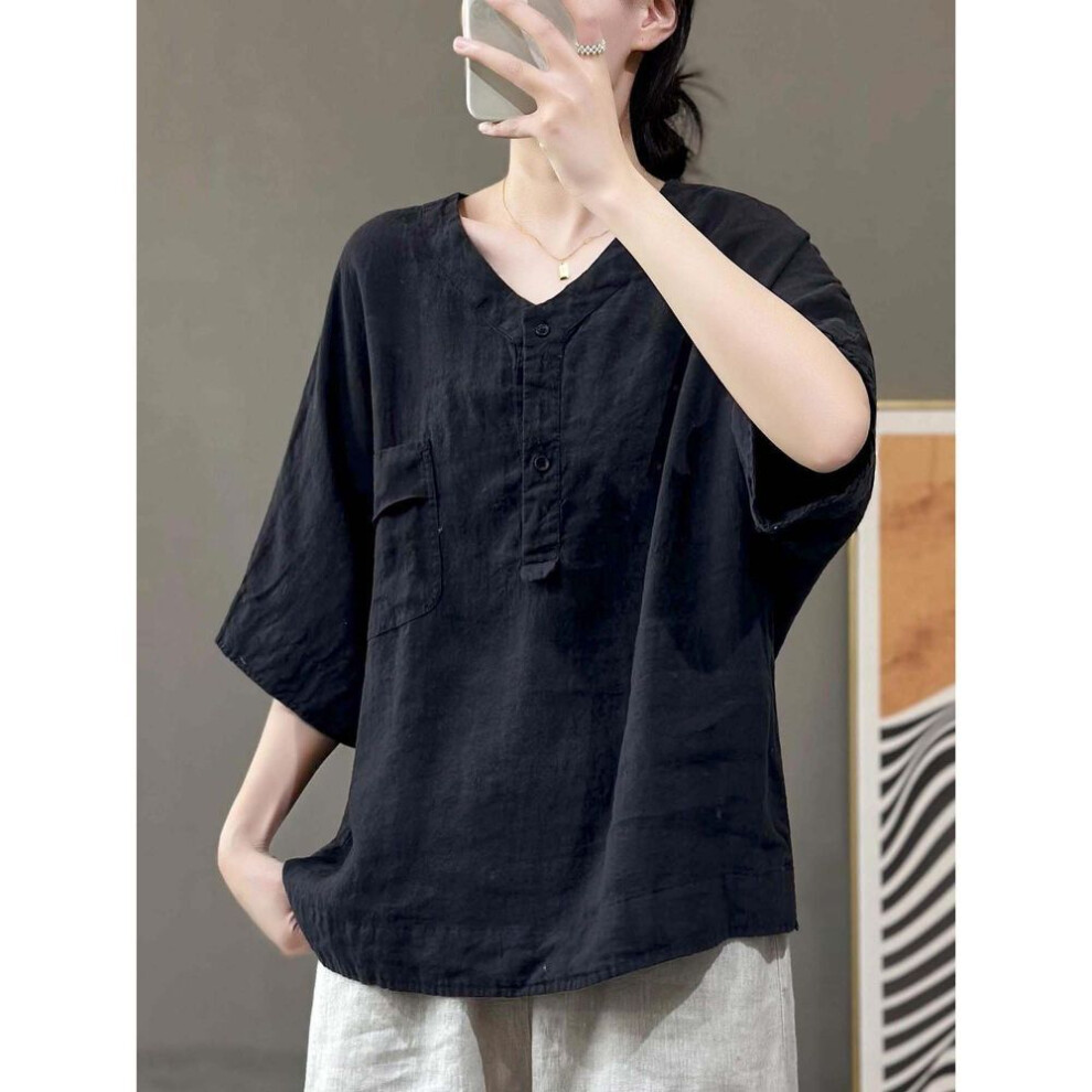 (XL, black) Womens Cotton And Linen T-shirt Solid Color Short Sleeved Pocket Top Summer