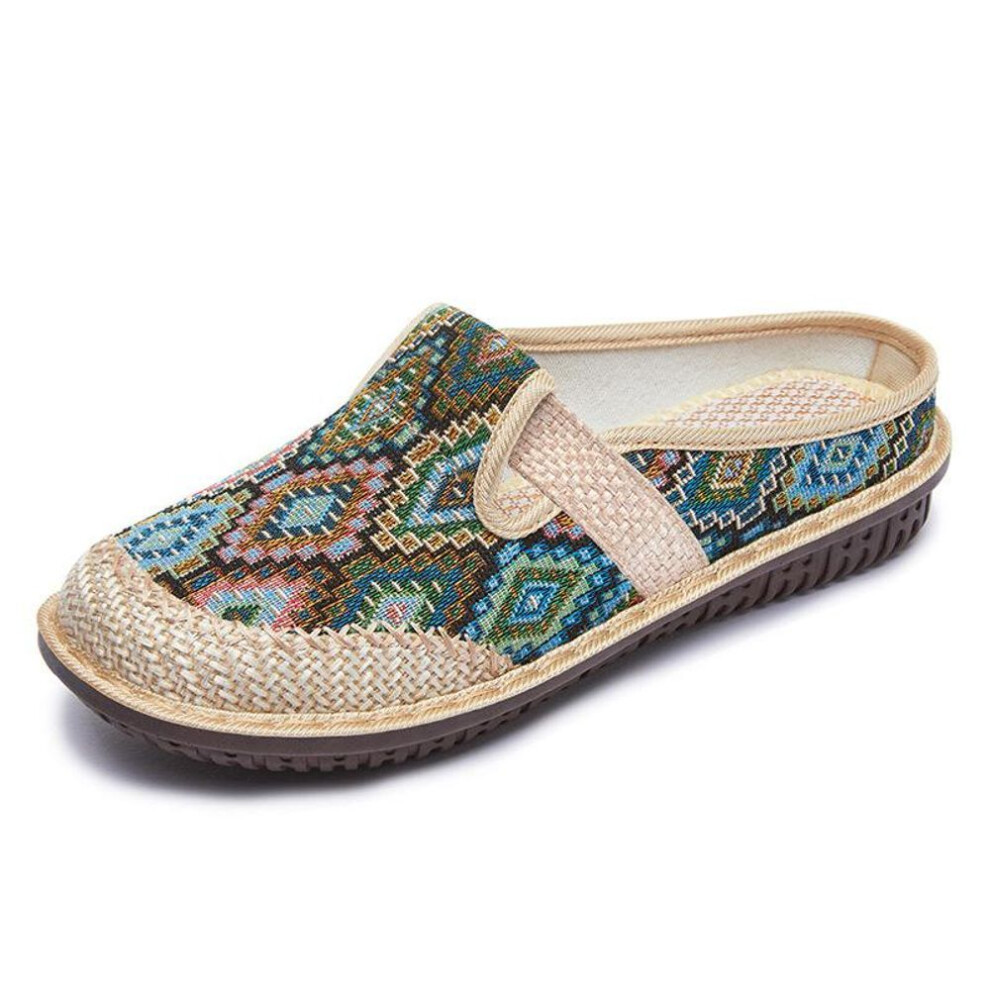 (green, 39) Traditional Chinese Embroidered Linen Mules Women's Breathable Flat Shoes Comfortable Round Toe Summer Slip On Slippers