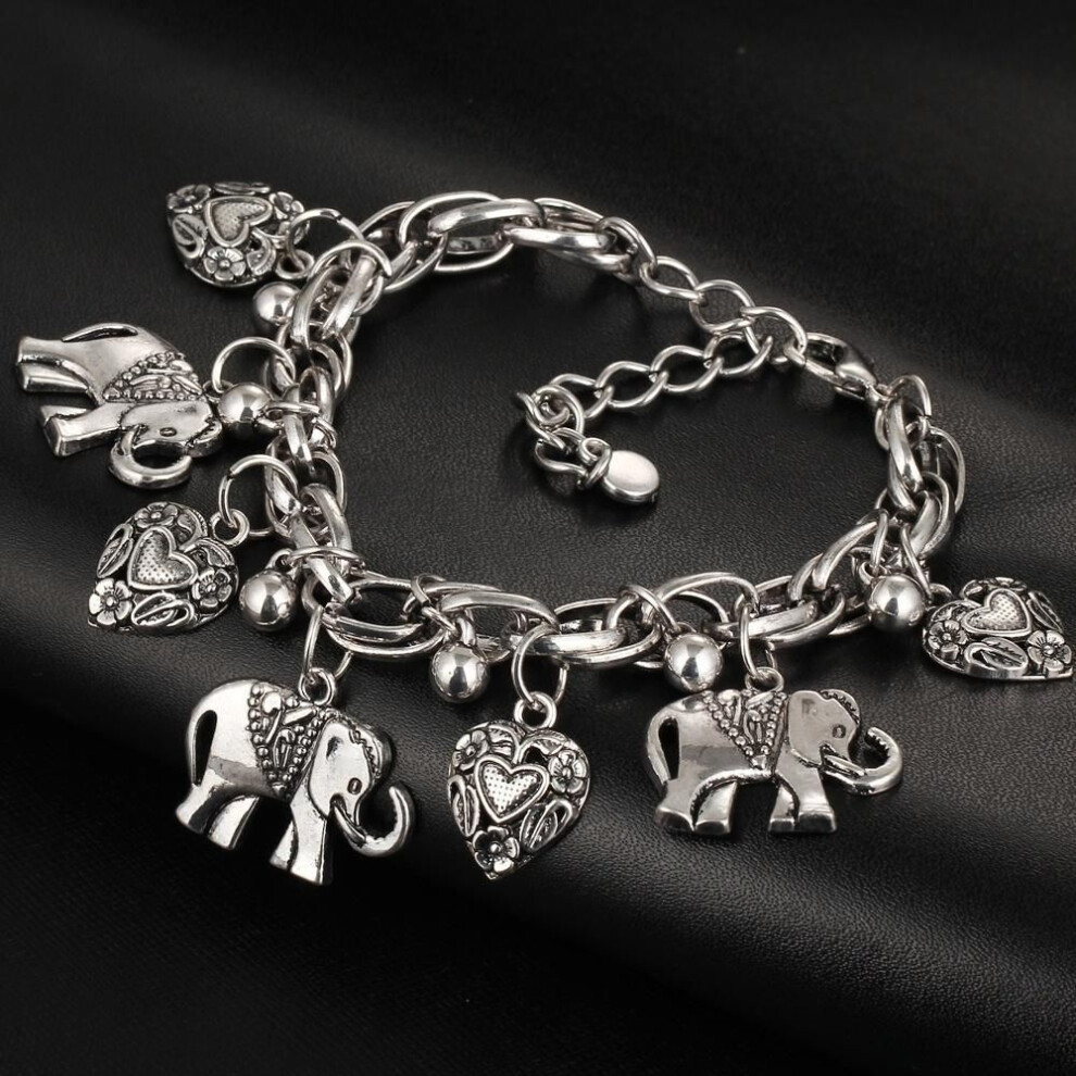 (white) Fashion Celebrity Creative Design Classics Vintage Bracelet Unique Elephant Carved Romantic Heart Model Shiny Bead Pendant Personality Bracelets