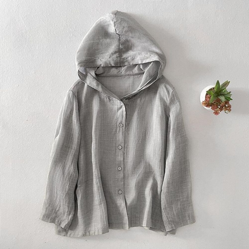 (S, grey) Summer Thin Linen Hoodie Women's Plus Size Elegant Loose Casual Vacation Sun Protection Air-conditioning Shirt