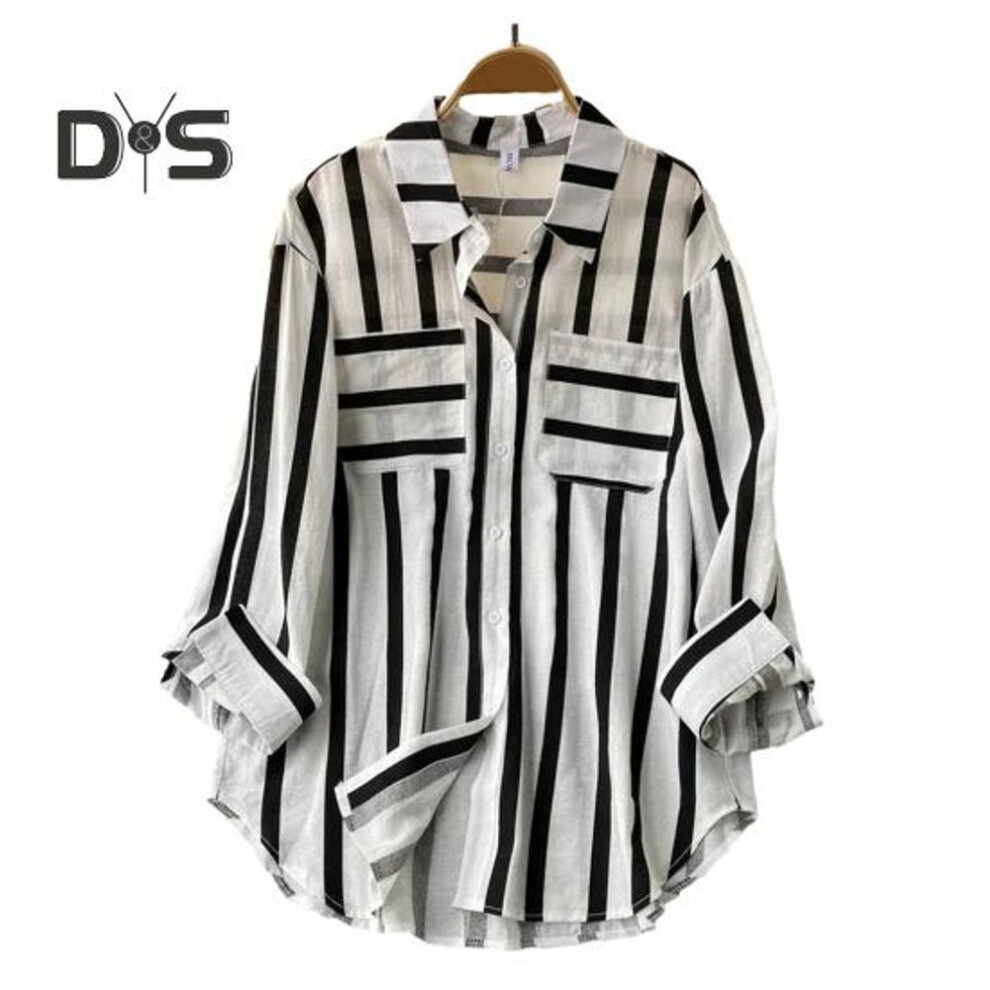 (M, black) Women Fall Shirt Contrast Color Striped Print Long Sleeve Loose Lapel Single Breasted Patch Pocket Buttons Soft Commute Top