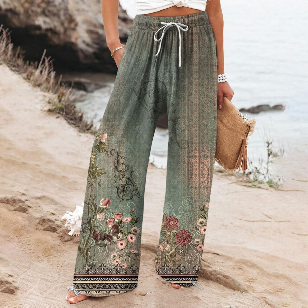 (green, L) Women's Casual Loose High Waist Cotton Linen Wide Leg Long Pants With Pockets