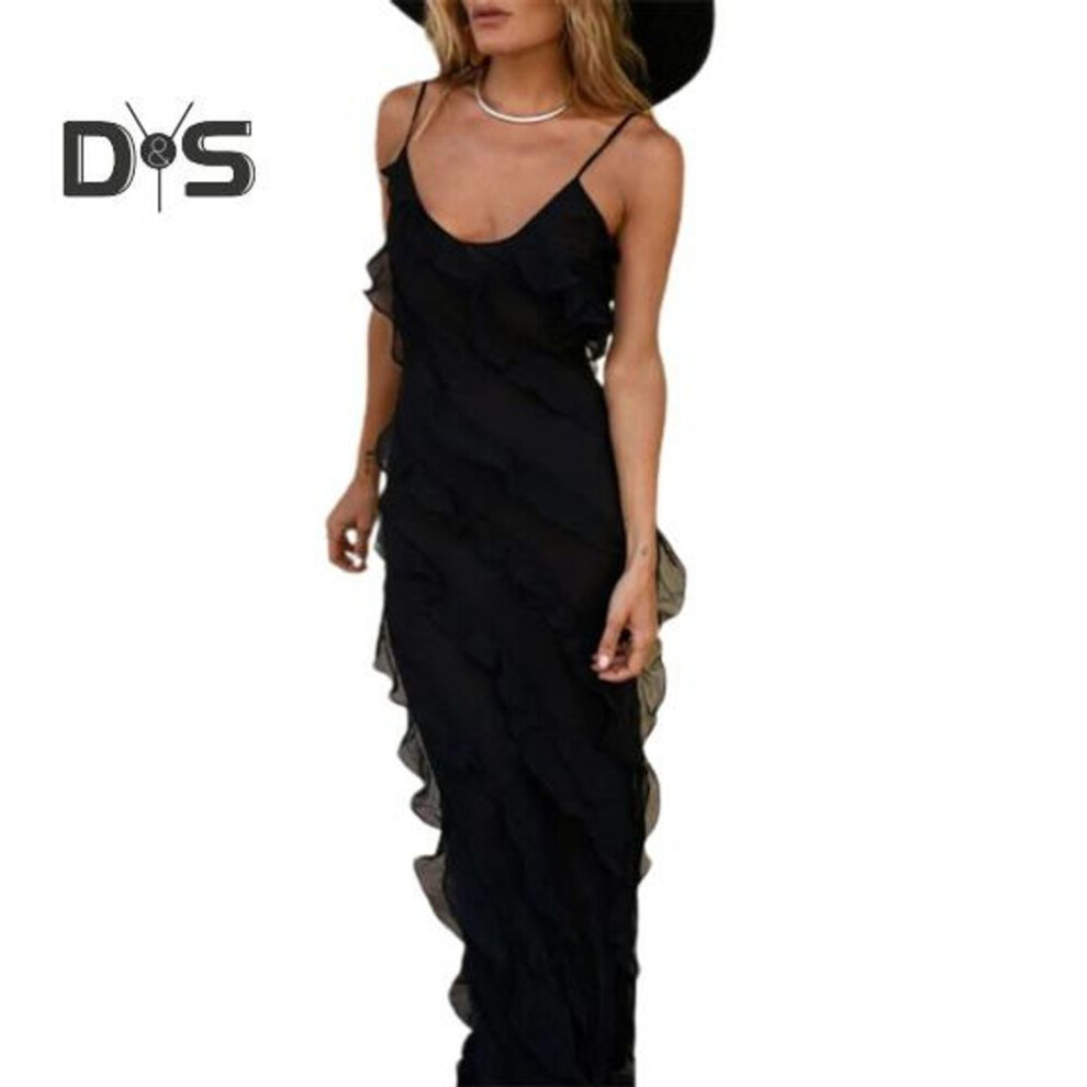 (black, XL) Women Evening Dress Low-cut V Neck Backless Sleeveless Spaghett Strap Split Hem Patchwork Slim Fit Floor Length Solid Color Cocktail Prom Party Maxi