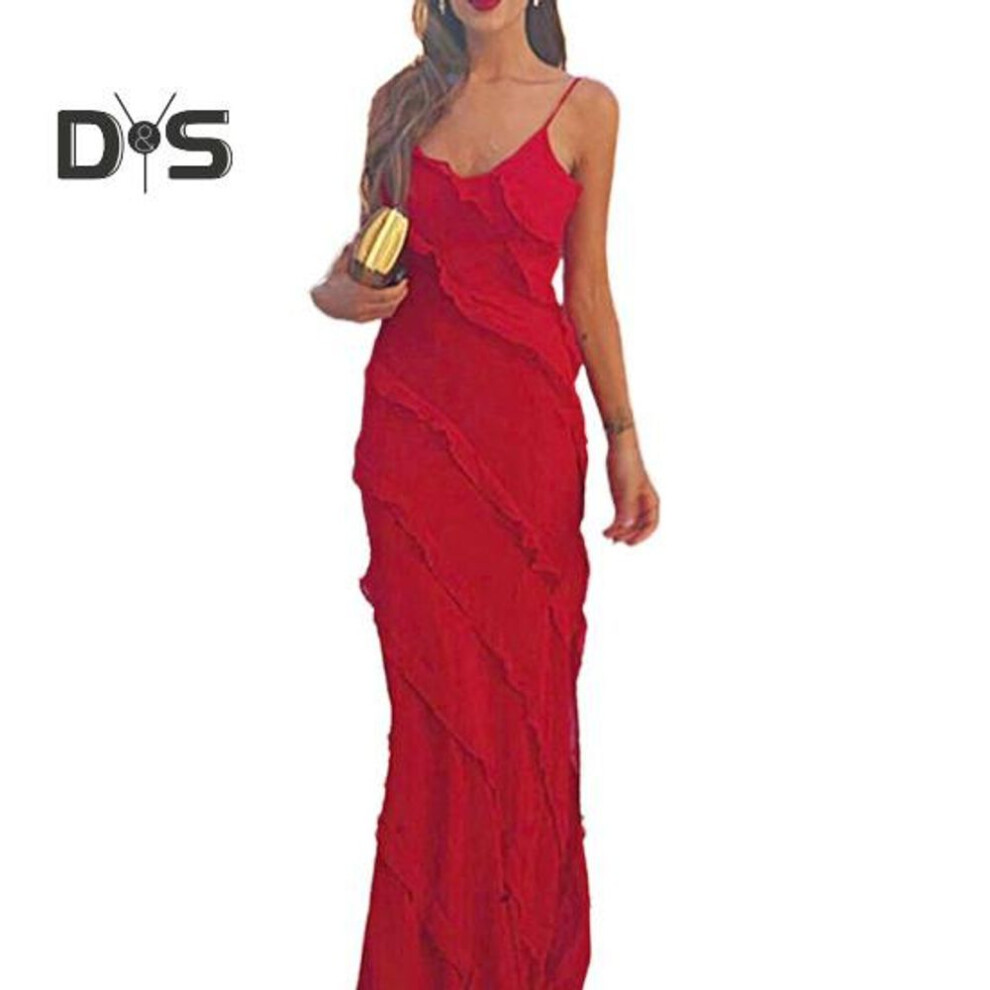 (red, M) Women Evening Dress Low-cut V Neck Backless Sleeveless Spaghett Strap Split Hem Patchwork Slim Fit Floor Length Solid Color Cocktail Prom Party Maxi