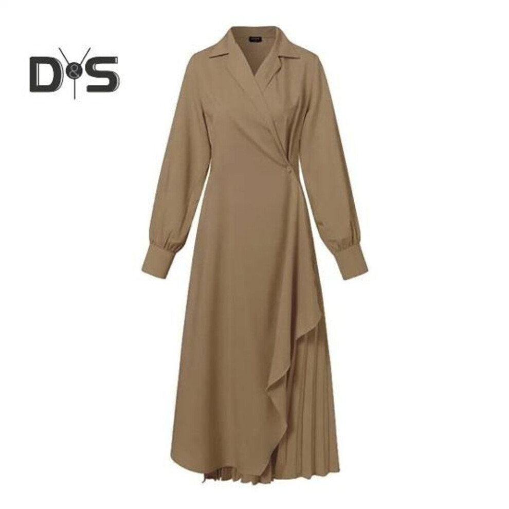 (brown, M) Women Elegant Dress Pleated Lapel Long Sleeves Solid Color Asymmetric Hem Formal Business Ankle Length Prom Banquet Formal Occasion Maxi Dress