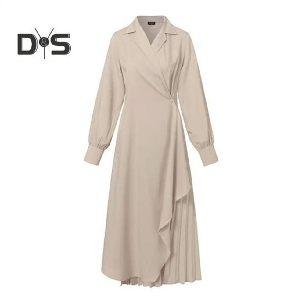 (beige, L) Women Elegant Dress Pleated Lapel Long Sleeves Solid Color Asymmetric Hem Formal Business Ankle Length Prom Banquet Formal Occasion Maxi Dress