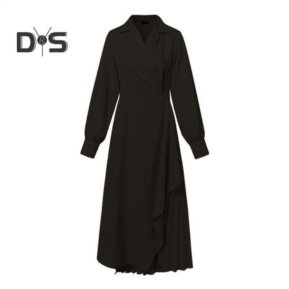 (black, S) Women Elegant Dress Pleated Lapel Long Sleeves Solid Color Asymmetric Hem Formal Business Ankle Length Prom Banquet Formal Occasion Maxi Dress