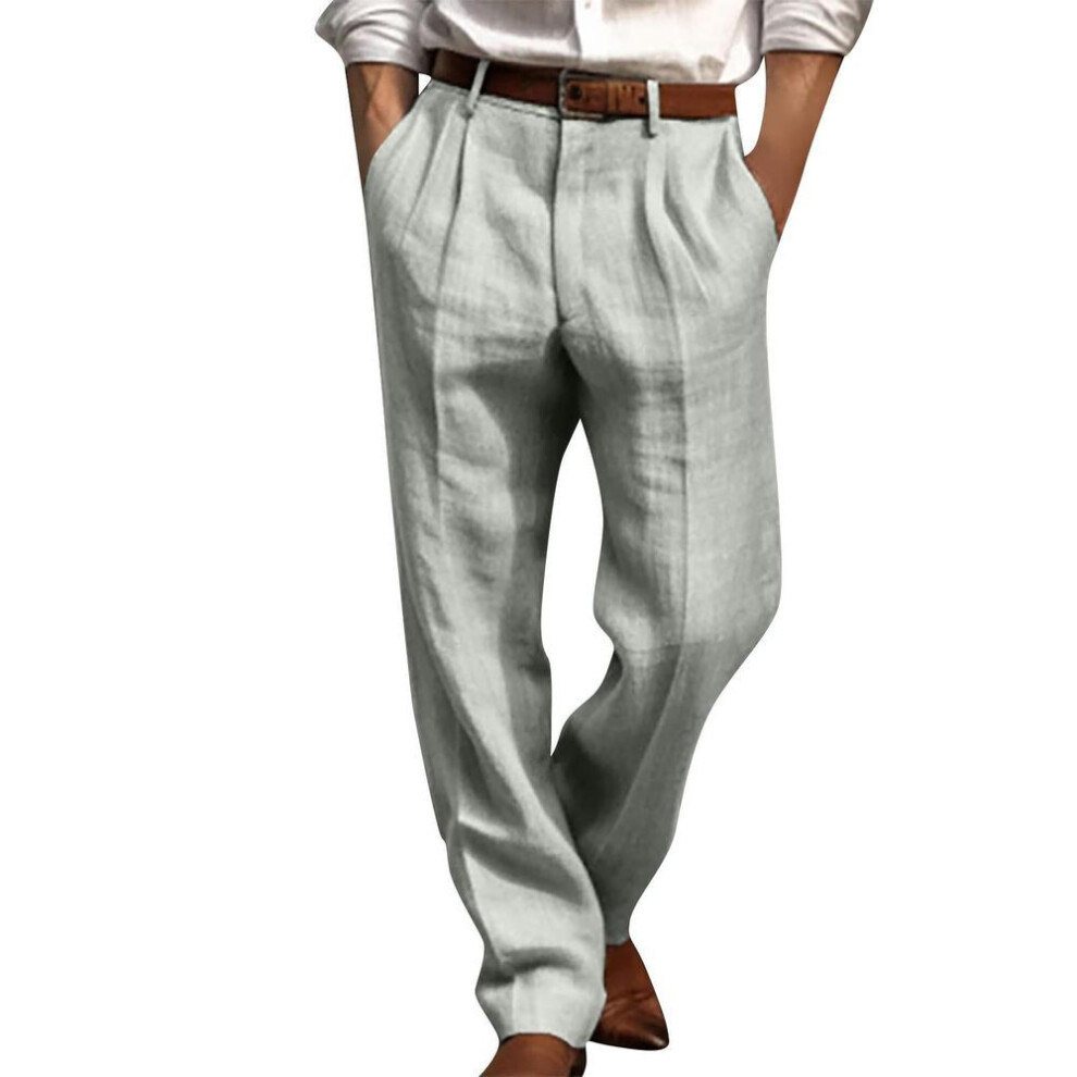 (light gray, XXXL) Men's Casual Loose And Comfortable Casual Pants Cotton Linen Printed Drawstring Trousers