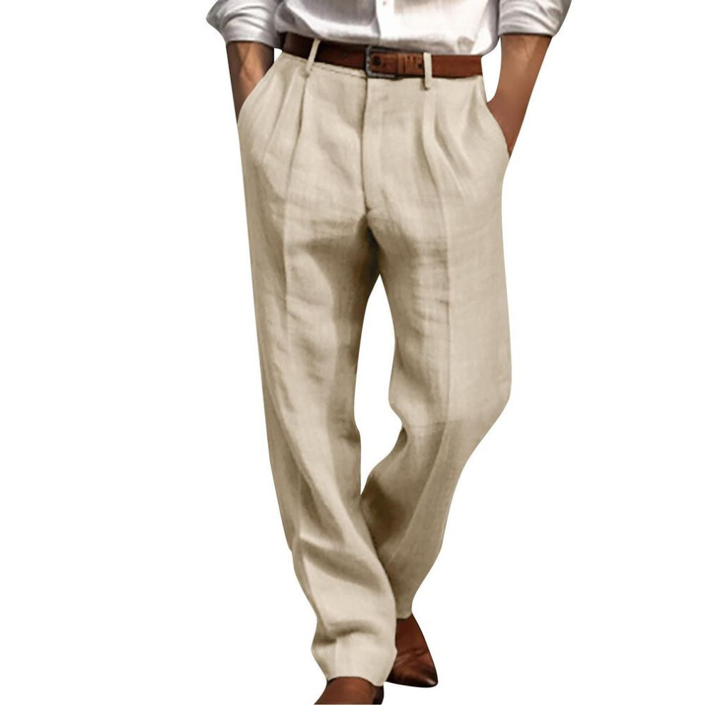 (khaki, XXXL) Men's Casual Loose And Comfortable Casual Pants Cotton Linen Printed Drawstring Trousers