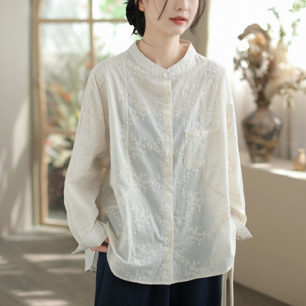 (One size, beige) DIMANAF 2025 Women Shirt Lace Spring Blouse Long Sleeve Buttons Fashion Tops Tees Loose White Tees New Blouse