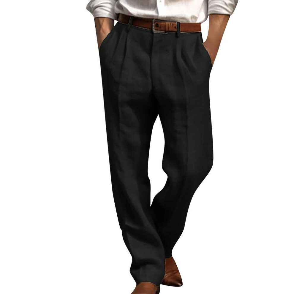 (black, L) Men's Casual Loose And Comfortable Casual Pants Cotton Linen Printed Drawstring Trousers