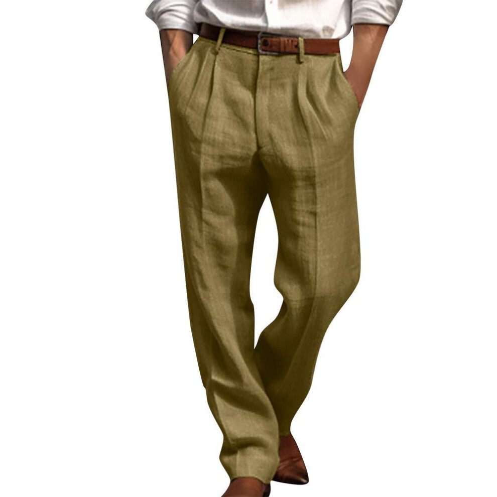 (army green, M) Men's Casual Loose And Comfortable Casual Pants Cotton Linen Printed Drawstring Trousers