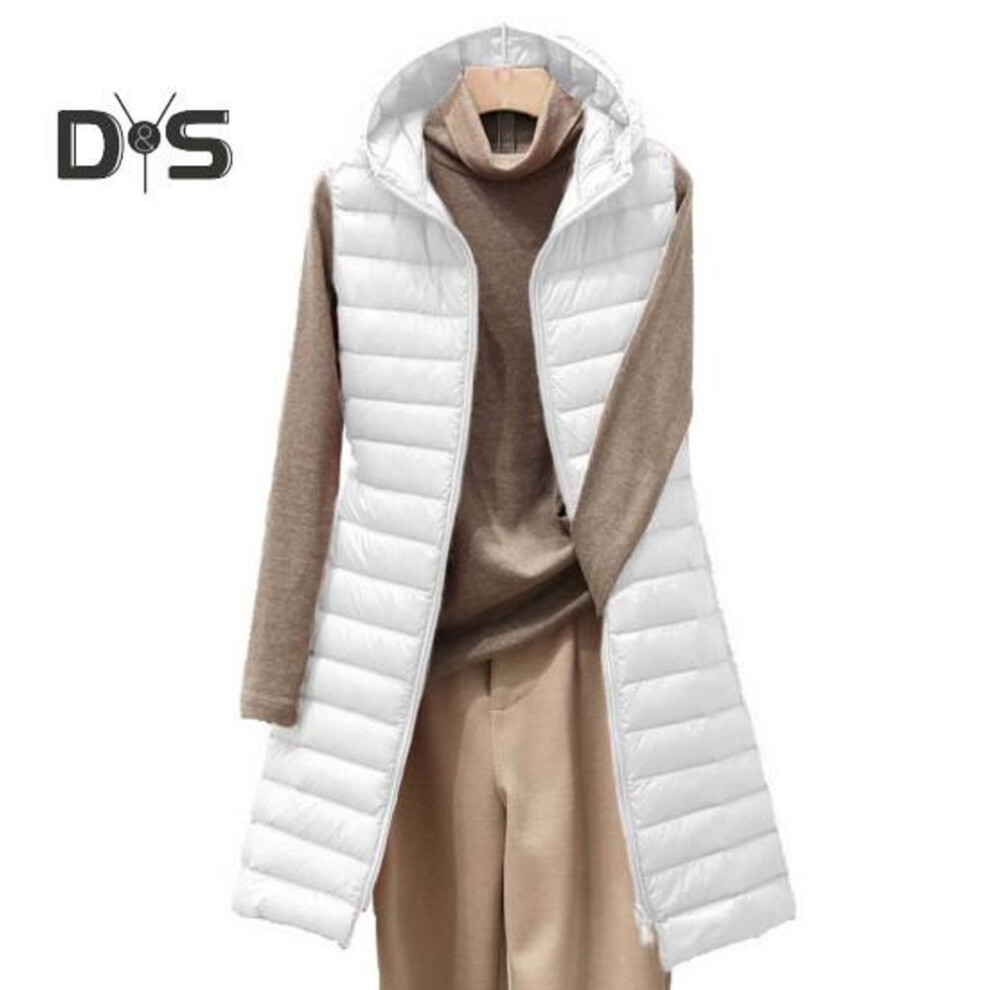 (white, M) Women Winter Vest Coat Padded Hooded Mid Length Thick Warm Zipper Solid Color Sleeveless Soft Lightweight Lady Winter Waistcoat