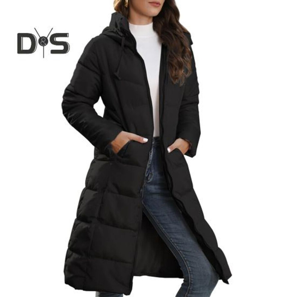 (black, M) Women Winter Down Coat Thick Padded Hooded Neck Protection Long Style Solid Color Smooth Pockets Drawstring Zipper Closure Lady Cotton Jacket