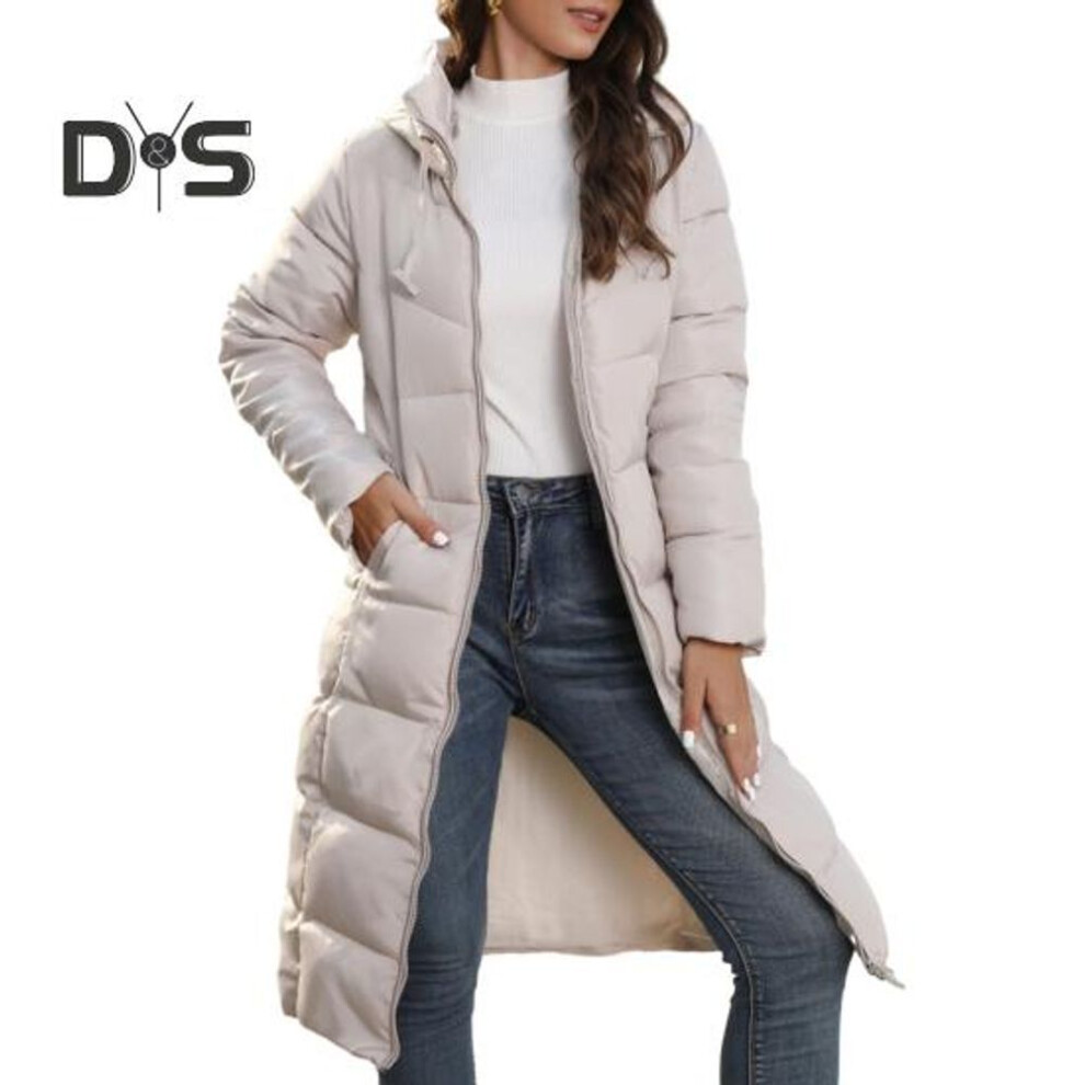 (khaki, M) Women Winter Down Coat Thick Padded Hooded Neck Protection Long Style Solid Color Smooth Pockets Drawstring Zipper Closure Lady Cotton Jacket