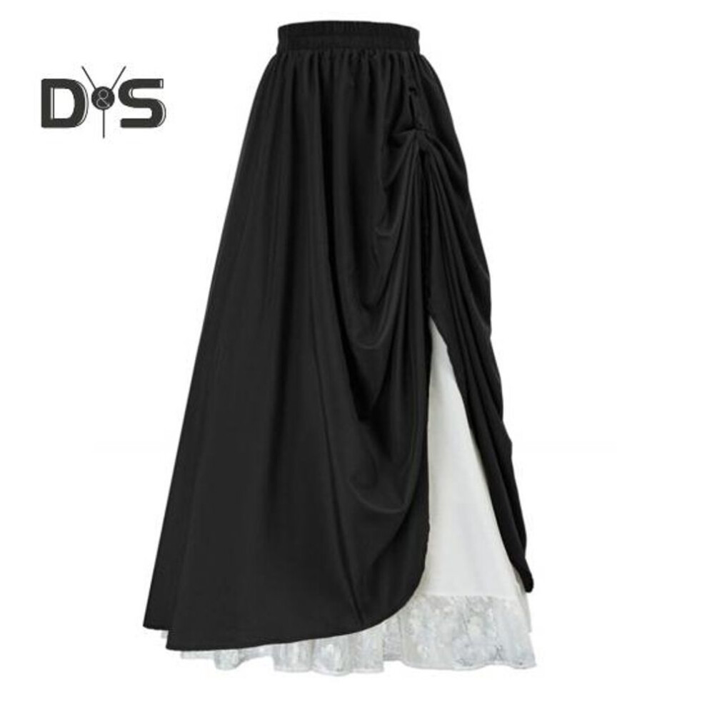 (M, black) Women Lace Stitching Side Pleated Maxi Skirt Solid Color Double Layer Long Skirt Elastic High Waist Retro A Line Skirt