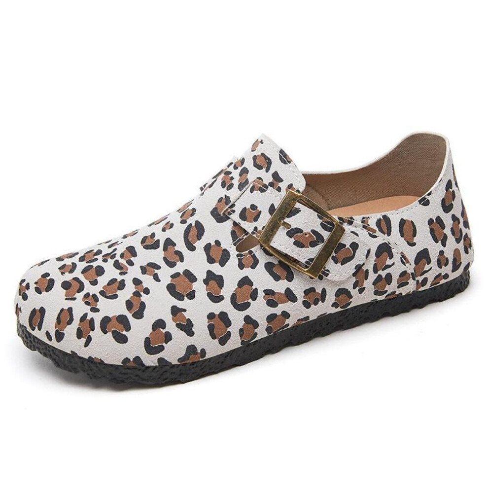 (milk white, 36) Women's Leopard Print Sandals Comfort Flat Shoes with Adjustable Buckle Orthopedic Footbed Summer Casual Slip Resistant