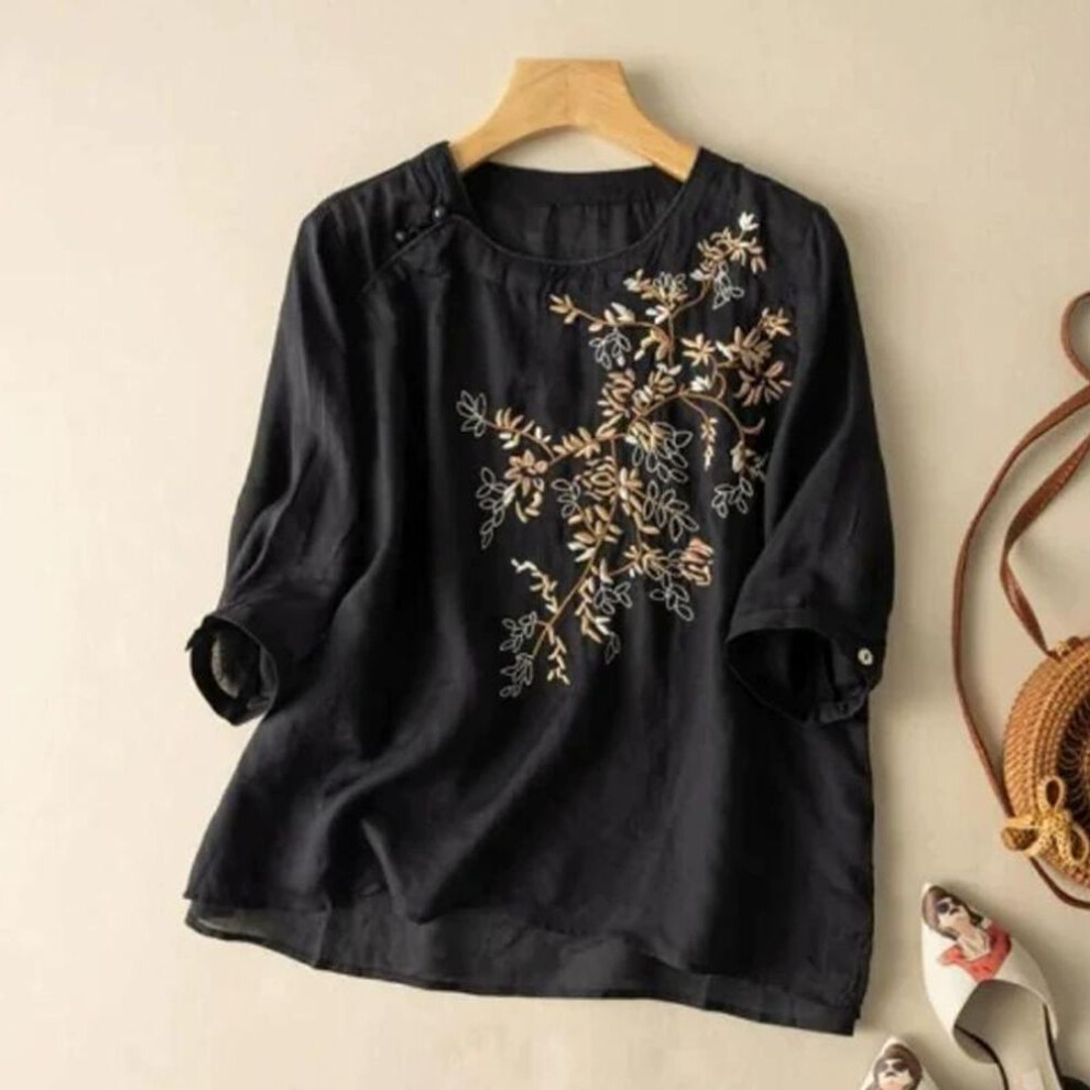 (XS, black) Women's Summer Design Round Neck Mid-sleeved Embroidery T Shirt Temperament Loose Thin Blouse