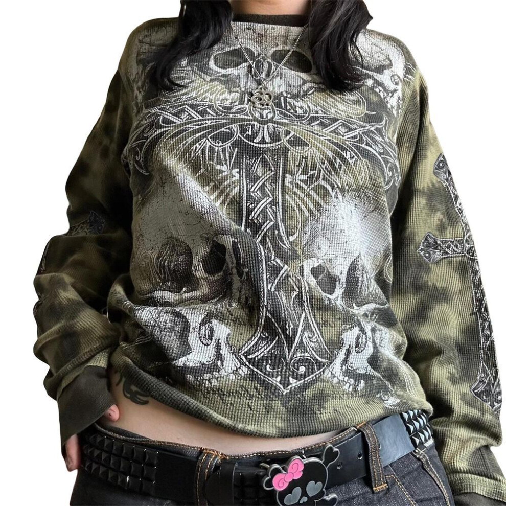 (XL, green) Women's Spring Autumn Loose Sweatshirt Skull Print Long Sleeve Crewneck Halloween Pullover