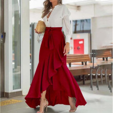 (5XL, claret) High Waist Sexy Irregular Maxi Fishtail Lace Skirt