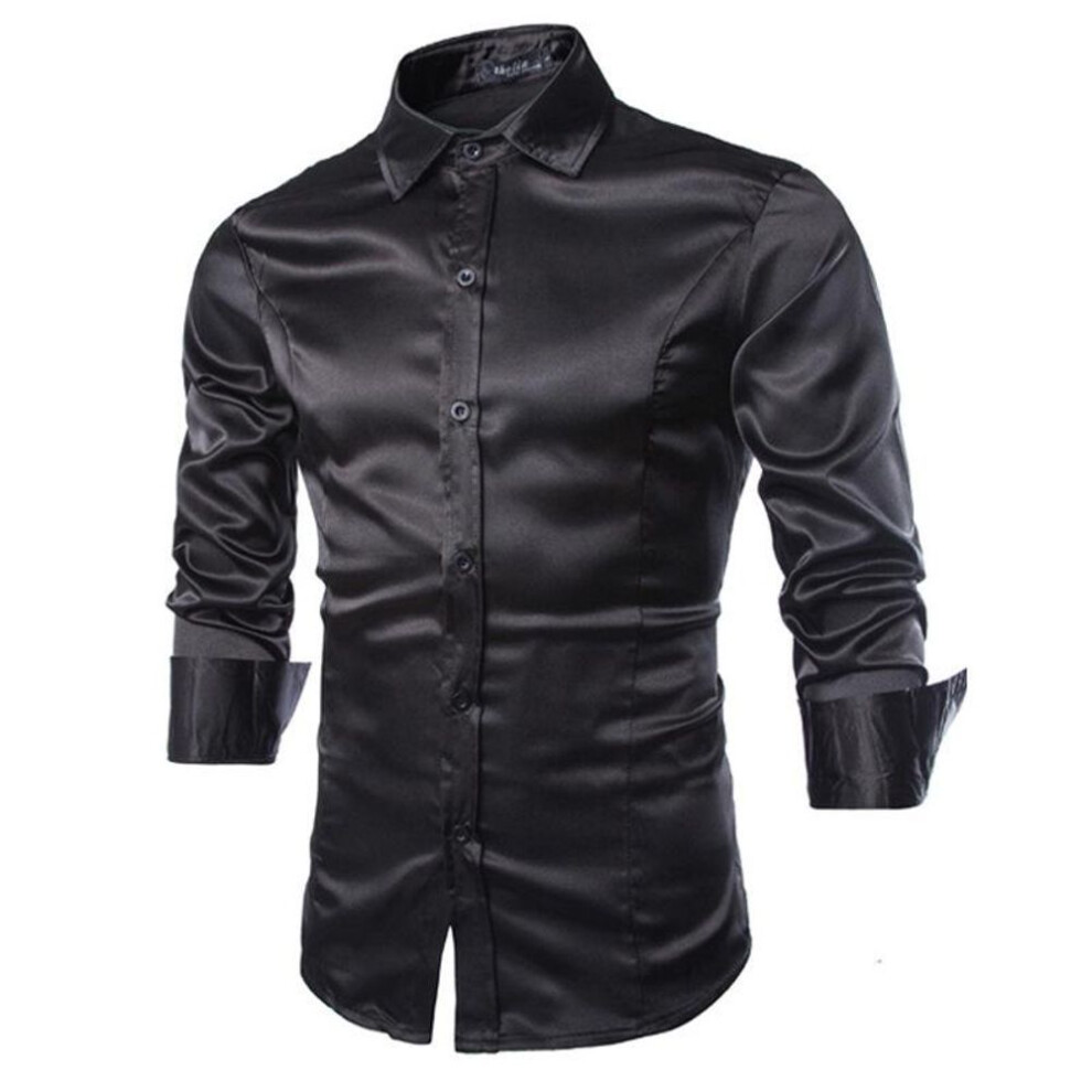 (M, black) Spring Korean Version Silk Shiny Glossy Casual Men'S Solid Color Slim Fit Long Sleeved Trendy Shirt