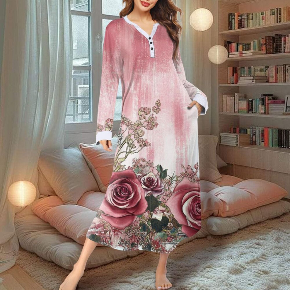 (L, pink) Women's Nightgown Fashion Printed Long Housecoat V Neck Pajamas With Pockets Dress