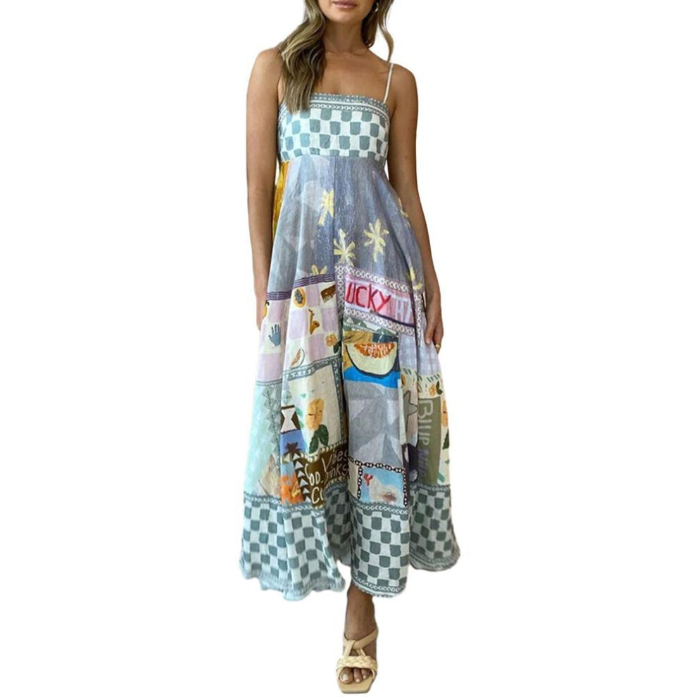 (gray, S) Women Spaghetti Strap Sleeveless Dress Summer Print Flowy A-line Party Long Dress For Cocktail Beach Streetwear
