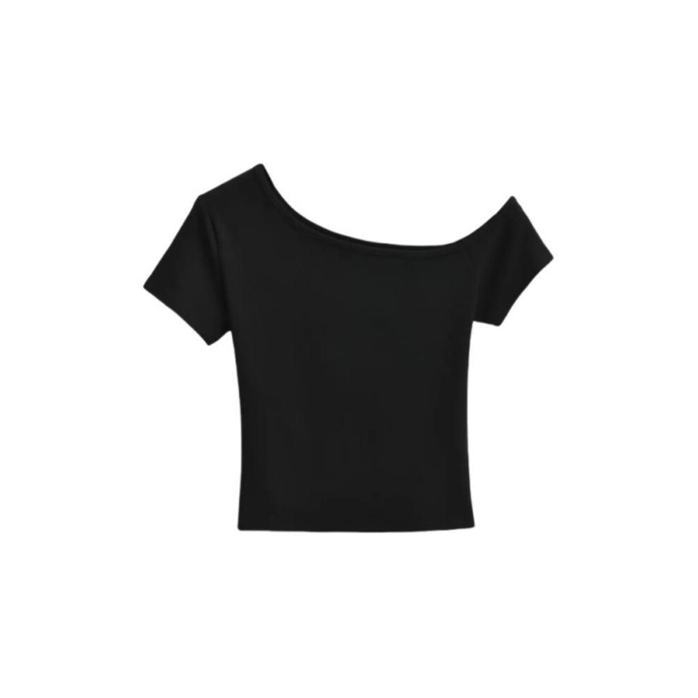 (XXL, black) Spicy Girl Style Y2k Crop Top Slim Fit Short Sleeve Solid Tops Fashion Off Shoulder T-shirt  Summer