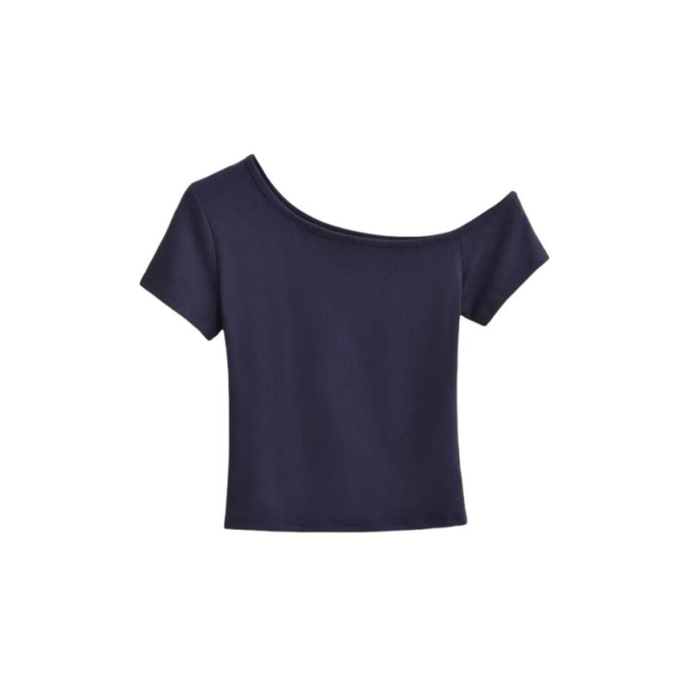 (L, dark blue) Spicy Girl Style Y2k Crop Top Slim Fit Short Sleeve Solid Tops Fashion Off Shoulder T-shirt  Summer