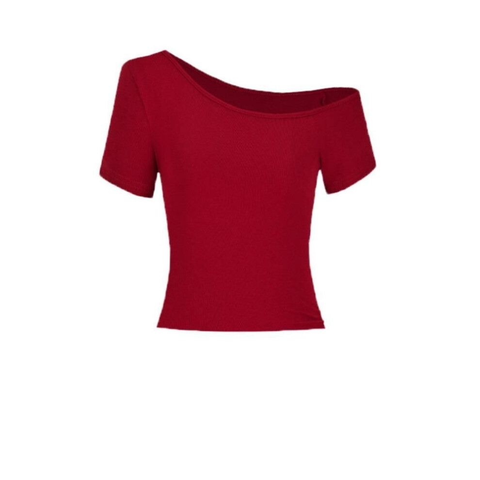 (XL, red) Spicy Girl Style Y2k Crop Top Slim Fit Short Sleeve Solid Tops Fashion Off Shoulder T-shirt  Summer