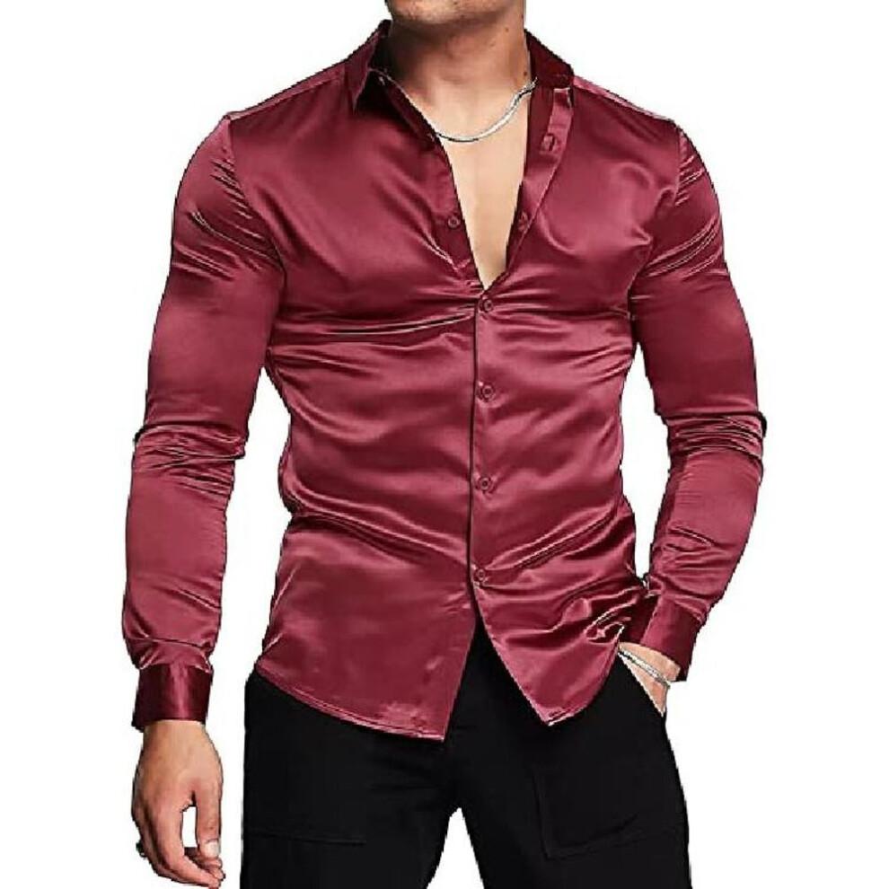 (L, wine red) Spring And Autumn New Men's Shiny 70s Disco Short Sleeved Shirt Casual Men's Long Sleeved Top