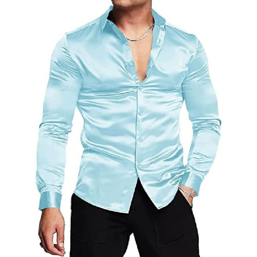 (L, sky blue) Spring And Autumn New Men's Shiny 70s Disco Short Sleeved Shirt Casual Men's Long Sleeved Top