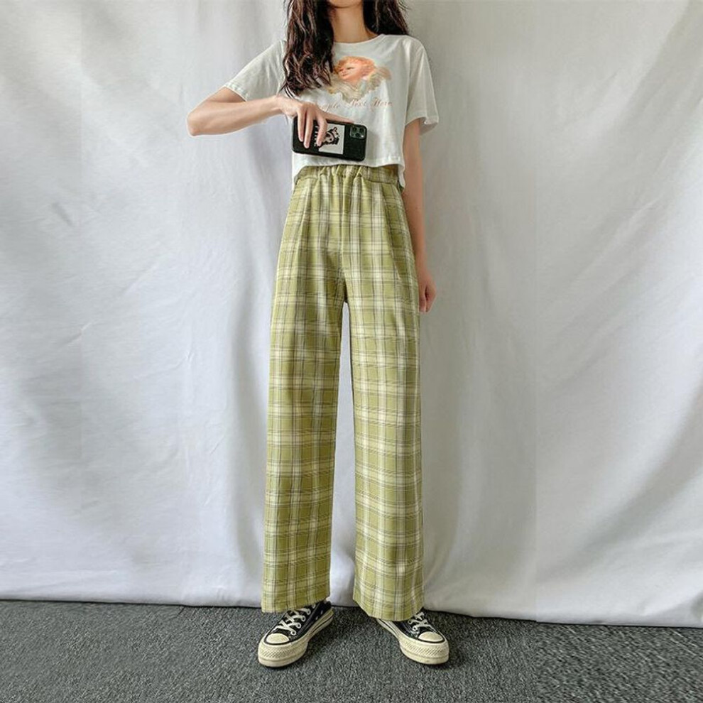 (green-yellow, One Size) Summer Thin Plaid Pants Women Casual Loose Wide Leg Trousers High Waist Hip-hop Streetwear Straight Pants