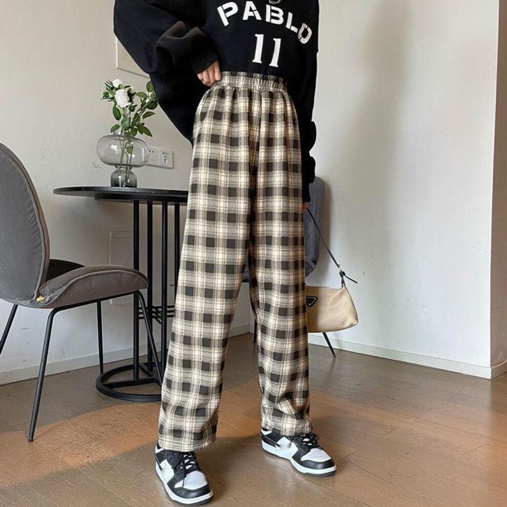 (coffee, One Size) Summer Thin Plaid Pants Women Casual Loose Wide Leg Trousers High Waist Hip-hop Streetwear Straight Pants