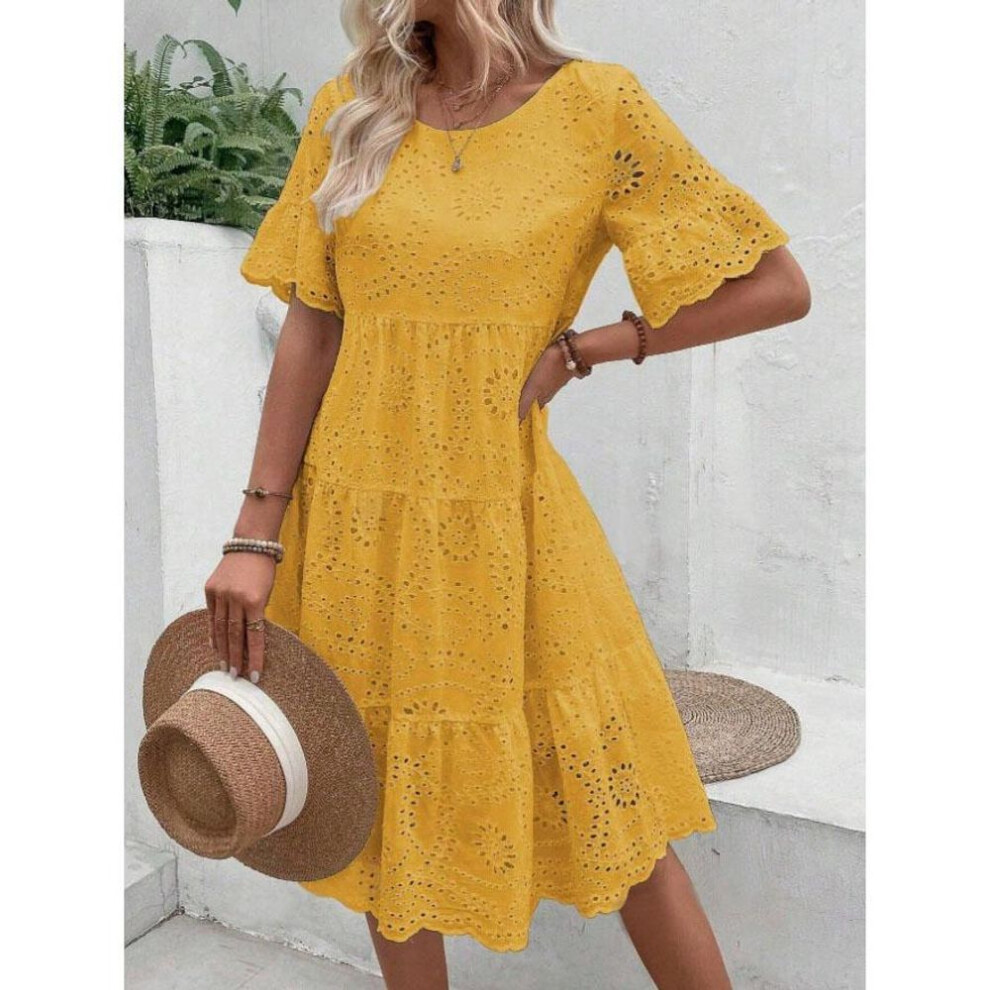 (yellow, L) Summer Women Dress Hollow Out Pleated A-line O Neck Short Horn Sleeves Midi Dress Patchwork Solid Color Big Swing Lady Dress