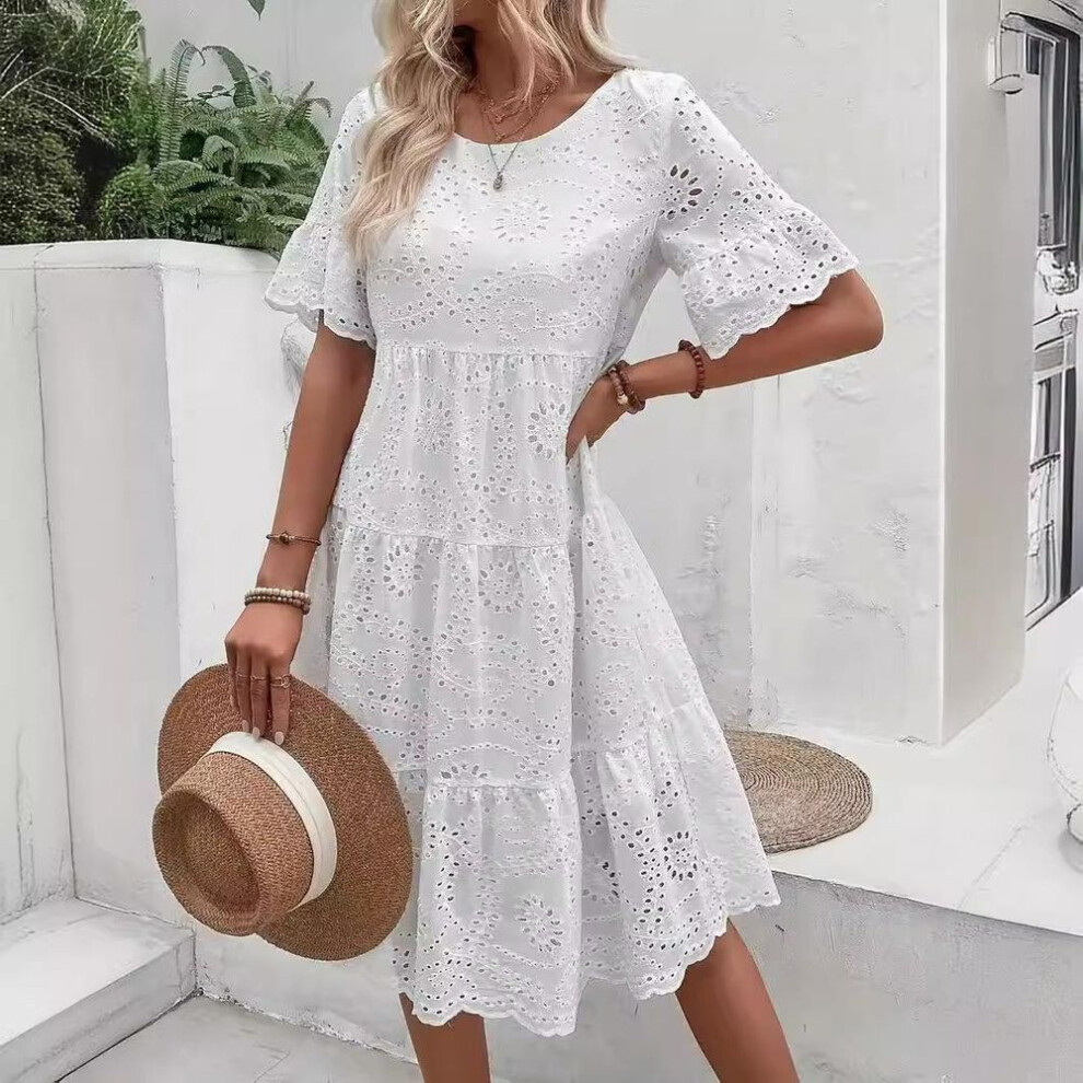 (white, XXL) Summer Women Dress Hollow Out Pleated A-line O Neck Short Horn Sleeves Midi Dress Patchwork Solid Color Big Swing Lady Dress