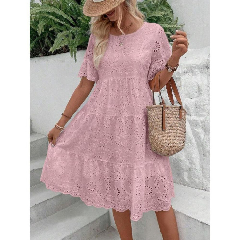 (pink, M) Summer Women Dress Hollow Out Pleated A-line O Neck Short Horn Sleeves Midi Dress Patchwork Solid Color Big Swing Lady Dress