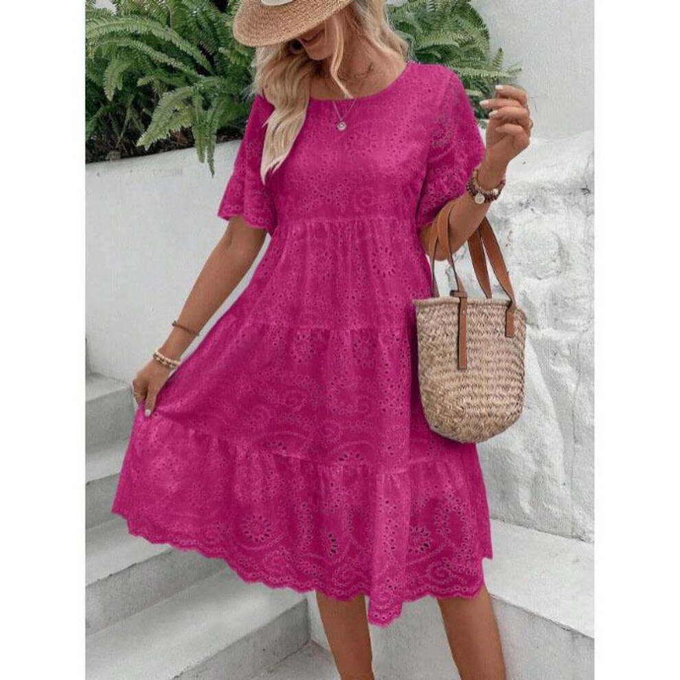 (rose red, S) Summer Women Dress Hollow Out Pleated A-line O Neck Short Horn Sleeves Midi Dress Patchwork Solid Color Big Swing Lady Dress