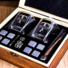 (SET-B, DESIGN-5) Ideal for a Man, This Personalized Whiskey Glass Set Comes in a Wooden Box, Making It a Perfect Gift