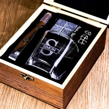 (SET-A, DESIGN-6) Ideal for a Man, This Personalized Whiskey Glass Set Comes in a Wooden Box, Making It a Perfect Gift