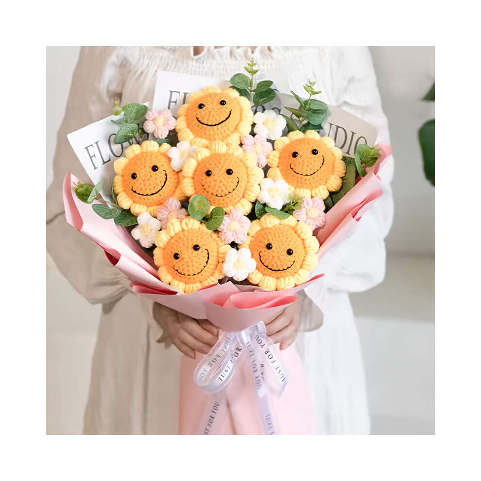 (5pcs joyful Bouquet Pink) Custom Hand-Knit Sunflower Bouquet Gift - Personalized Photo/Text, Soft Fabric Flowers with Realistic Petals & Leaves, No B-image-OPC-PH6RJ6M-NEW