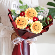 (3pcs joyful Bouquet Red) Custom Hand-Knit Sunflower Bouquet Gift - Personalized Photo/Text, Soft Fabric Flowers with Realistic Petals & Leaves, No Batteries Needed,