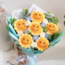 (5pcs joyful Flower Bouquet Blue) Custom Hand-Knit Sunflower Bouquet Gift - Personalized Photo/Text, Soft Fabric Flowers with Realistic Petals & Leaves, No Batteries Needed,