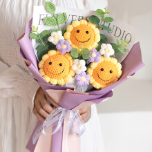 (3pcs joyful Bouquet Purple) Custom Hand-Knit Sunflower Bouquet Gift - Personalized Photo/Text, Soft Fabric Flowers with Realistic Petals & Leaves, No Batteries Needed,