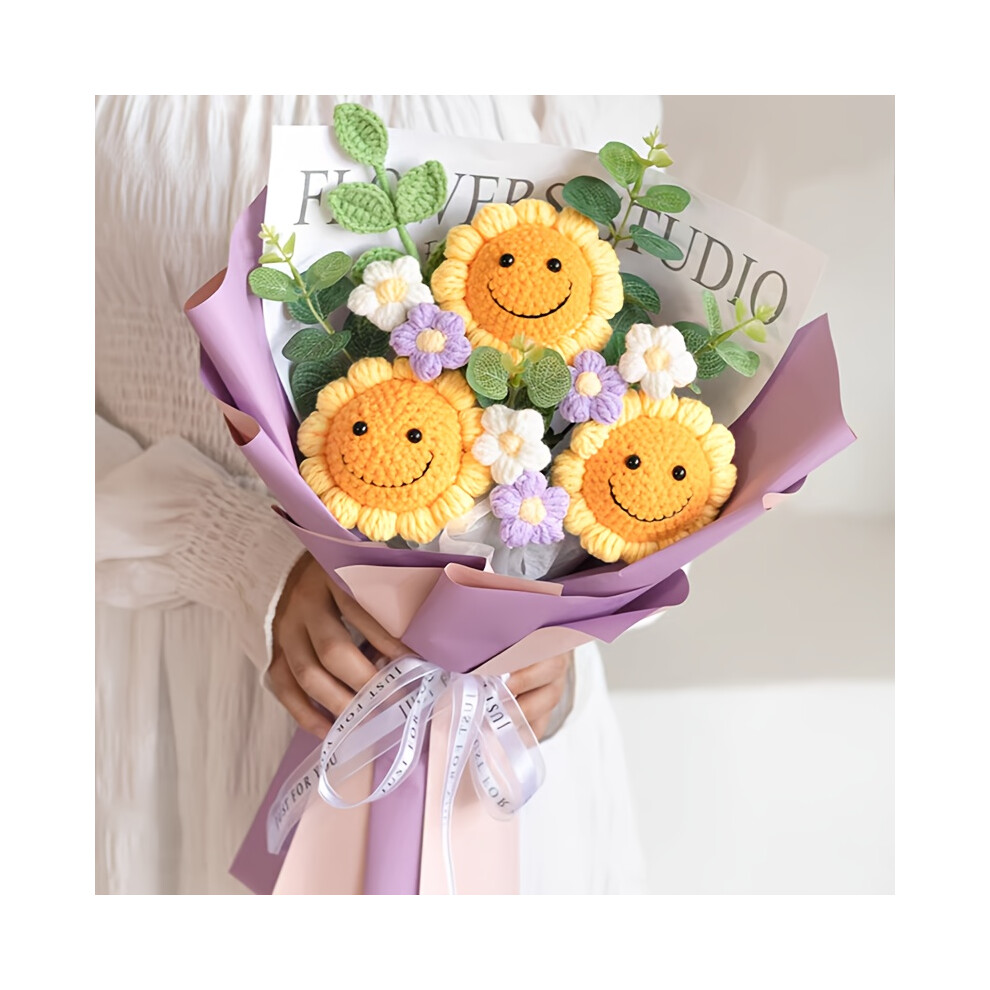 (3pcs joyful Bouquet Purple) Custom Hand-Knit Sunflower Bouquet Gift - Personalized Photo/Text, Soft Fabric Flowers with Realistic Petals & Leaves, No-image-OPC-PH6RJ6G-NEW